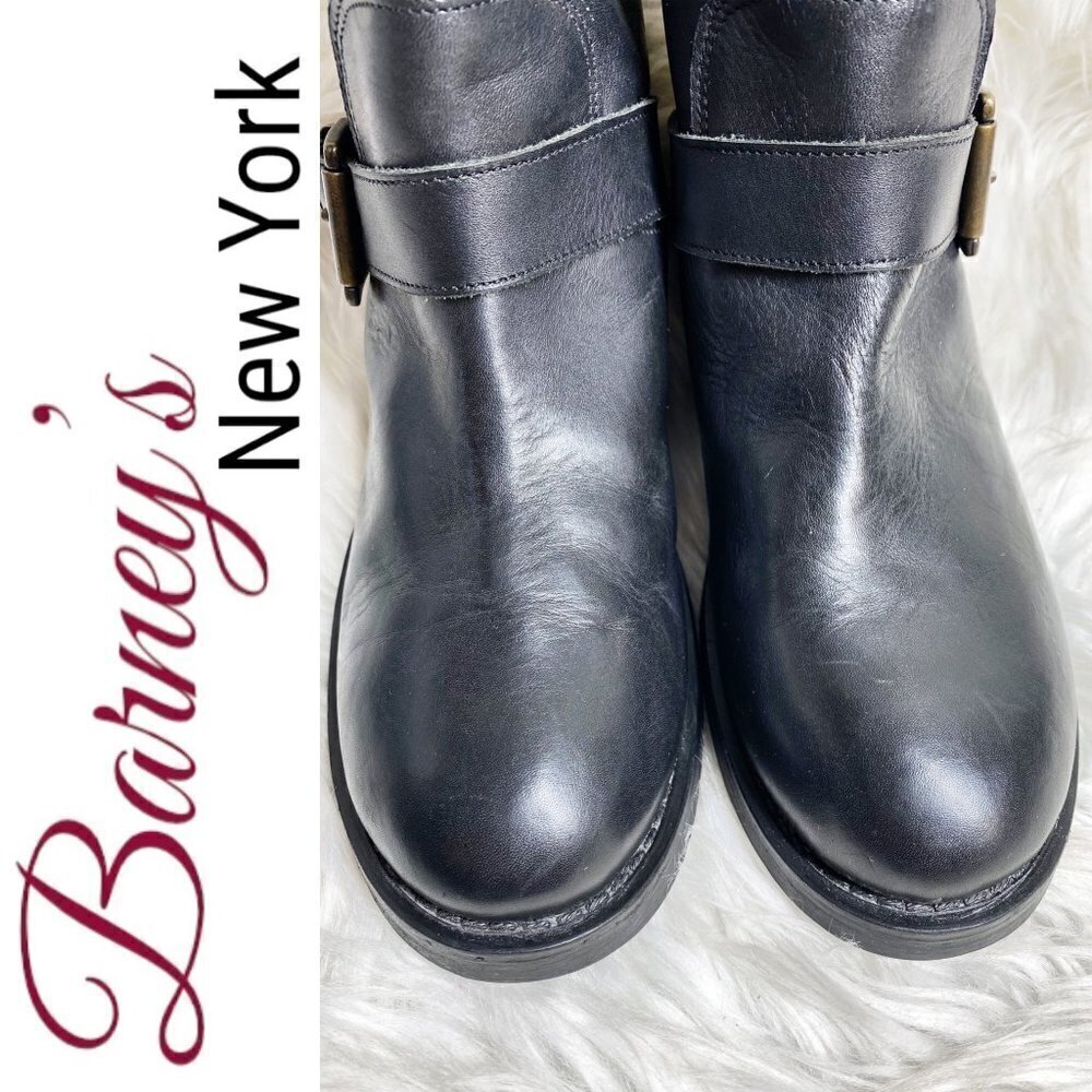 BARNEY'S NEW YORK Black Leather Moto Buckle Ankle Boots, Size 37 - Picture 5 of 11